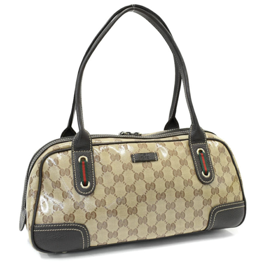 Gucci Shoulder Handbag GG Crystal Sherry Canvas Leather Beige Cream Brown